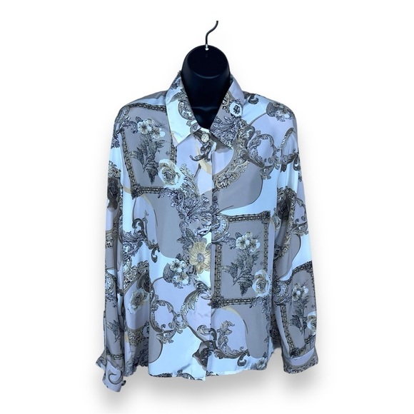 SIZE 12 VINTAGE CRICKET LANE LONG SLEEVE BLOUSE BEIGE JACQUARD FLORAL FILIGREE - Picture 1 of 9